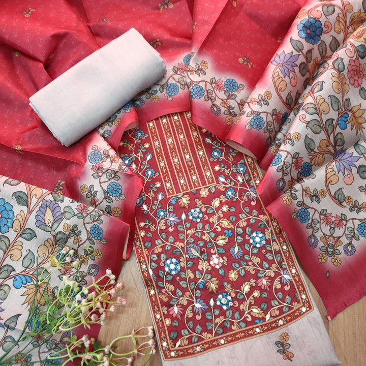 Subharam Sky Grey Kalamkari Printed Yoke with Zari Work Printed Art Silk Chanderi Set