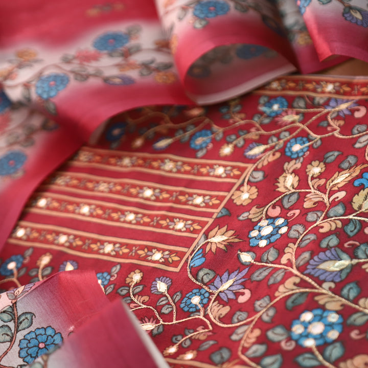 Subharam Sky Grey Kalamkari Printed Yoke with Zari Work Printed Art Silk Chanderi Set