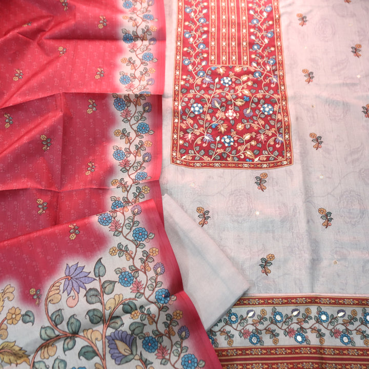 Subharam Sky Grey Kalamkari Printed Yoke with Zari Work Printed Art Silk Chanderi Set