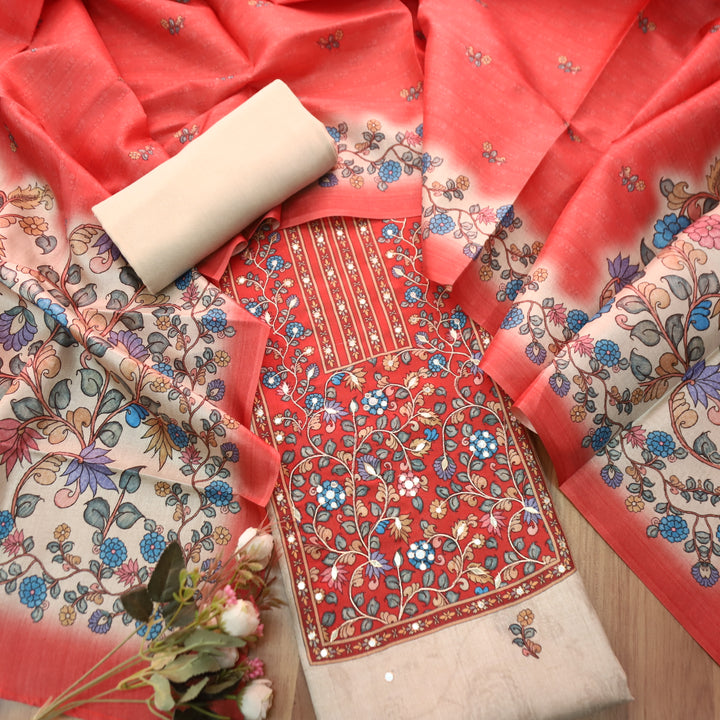 Subharam Soft Hazel Kalamkari Printed Yoke with Zari Work Printed Art Silk Chanderi Set