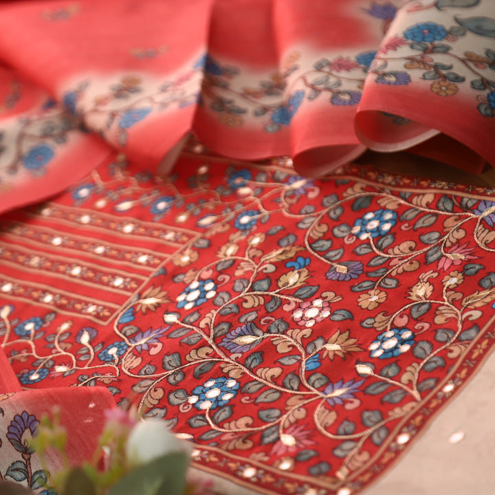 Subharam Soft Hazel Kalamkari Printed Yoke with Zari Work Printed Art Silk Chanderi Set