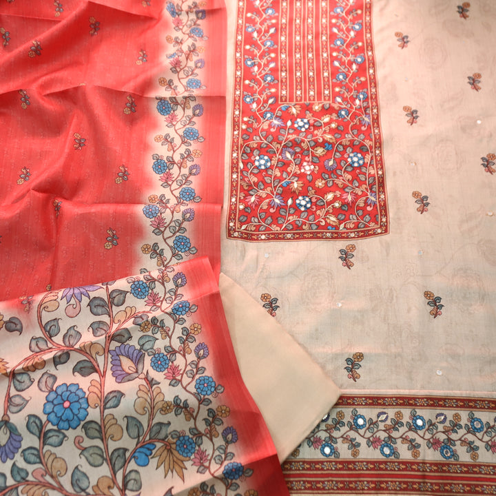 Subharam Soft Hazel Kalamkari Printed Yoke with Zari Work Printed Art Silk Chanderi Set
