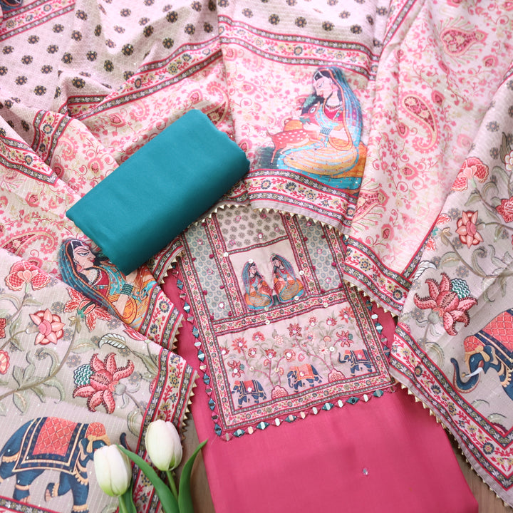 Sakhi Mauve Blush with Madhubani Print Yoke with French Knot Detailing Vatican Silk Set