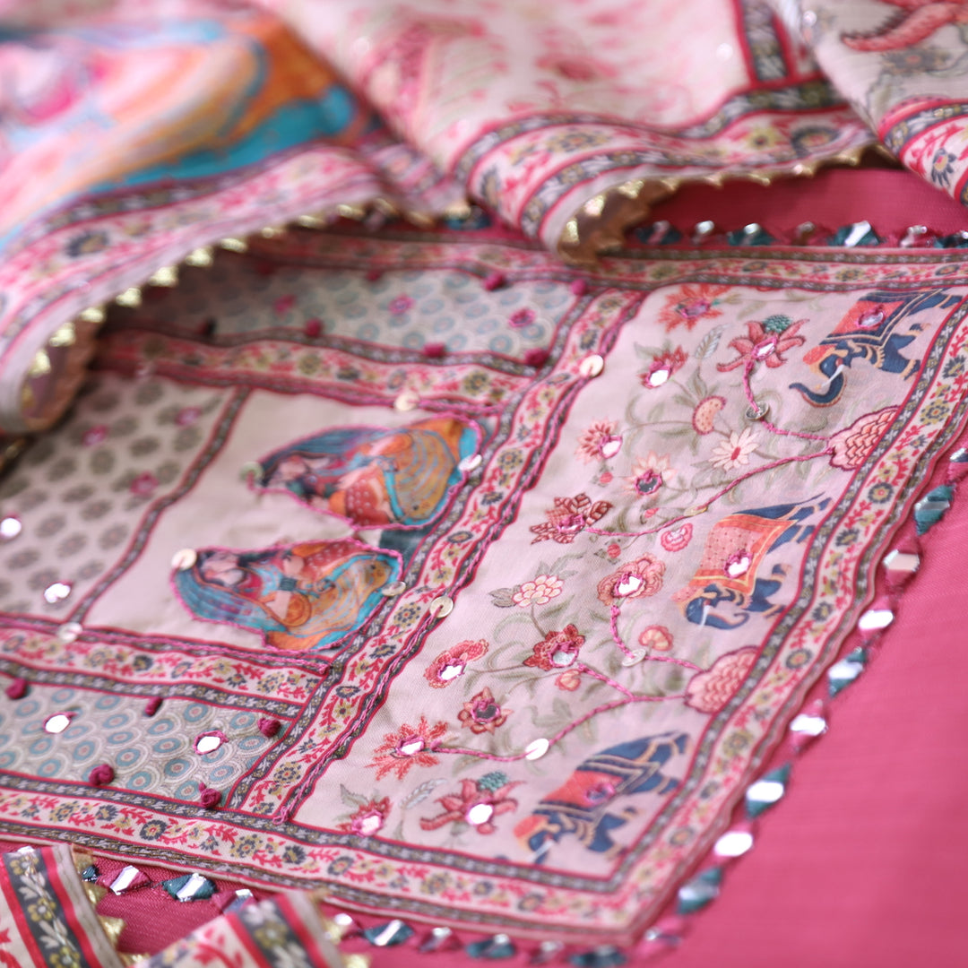 Sakhi Mauve Blush with Madhubani Print Yoke with French Knot Detailing Vatican Silk Set