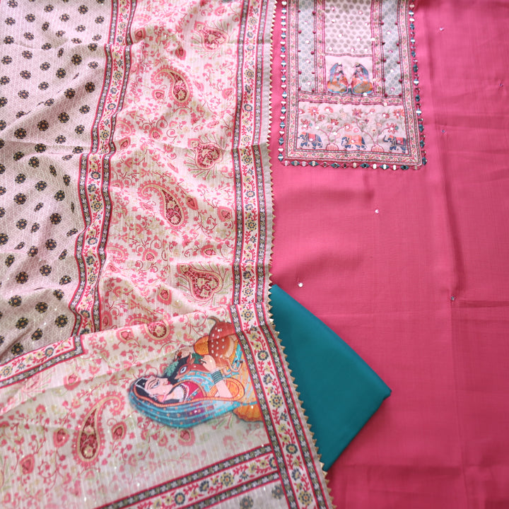 Sakhi Mauve Blush with Madhubani Print Yoke with French Knot Detailing Vatican Silk Set