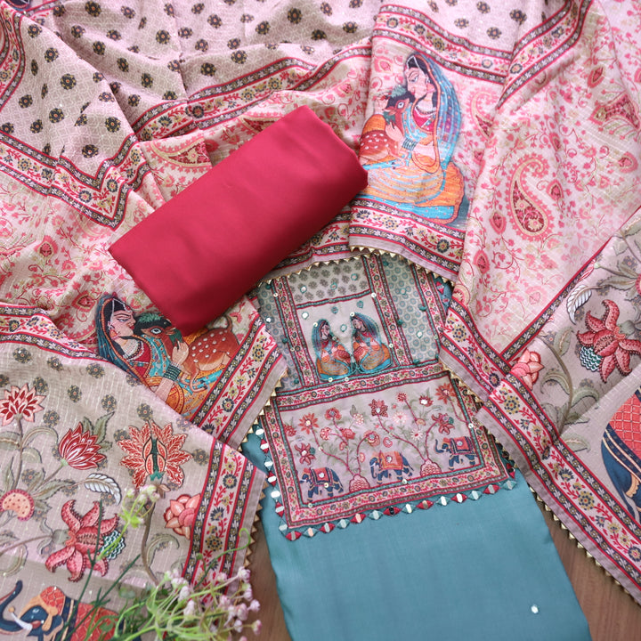 Sakhi Marine Teal with Madhubani Print Yoke with French Knot Detailing Vatican Silk Set