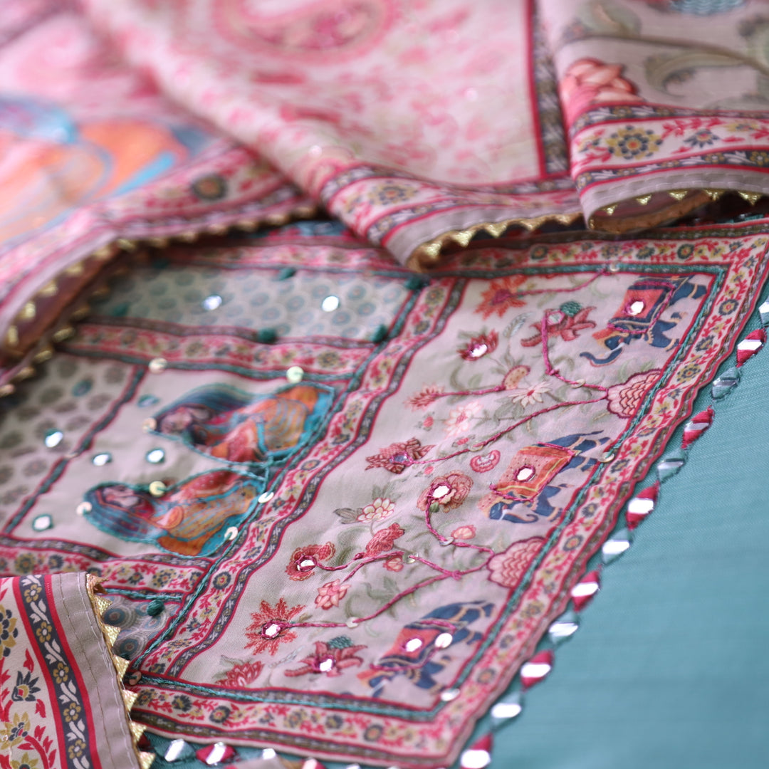 Sakhi Marine Teal with Madhubani Print Yoke with French Knot Detailing Vatican Silk Set