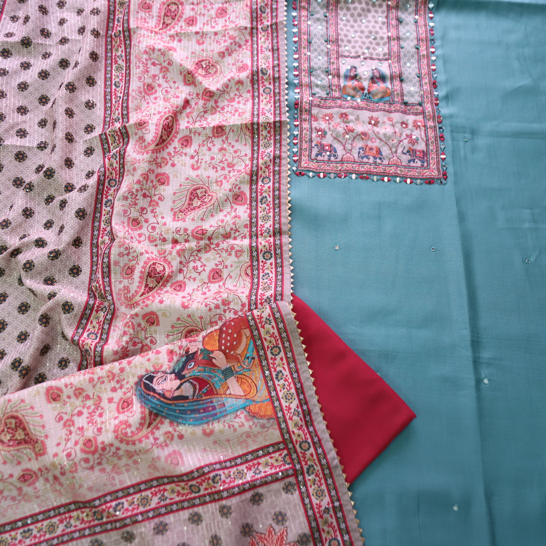 Sakhi Marine Teal with Madhubani Print Yoke with French Knot Detailing Vatican Silk Set