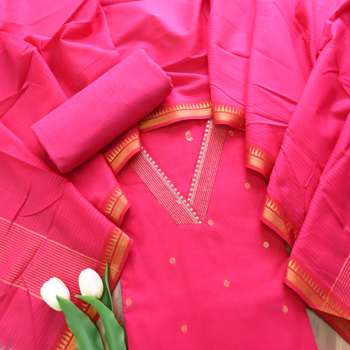 Saloni Rani Pink V Neck Zari Work in Dual Shade Weaved South Cotton Suit Set