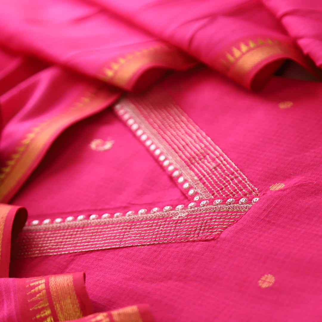 Saloni Rani Pink V Neck Zari Work in Dual Shade Weaved South Cotton Suit Set