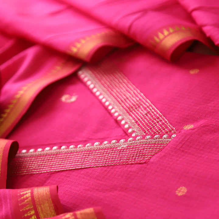Saloni Rani Pink V Neck Zari Work in Dual Shade Weaved South Cotton Suit Set