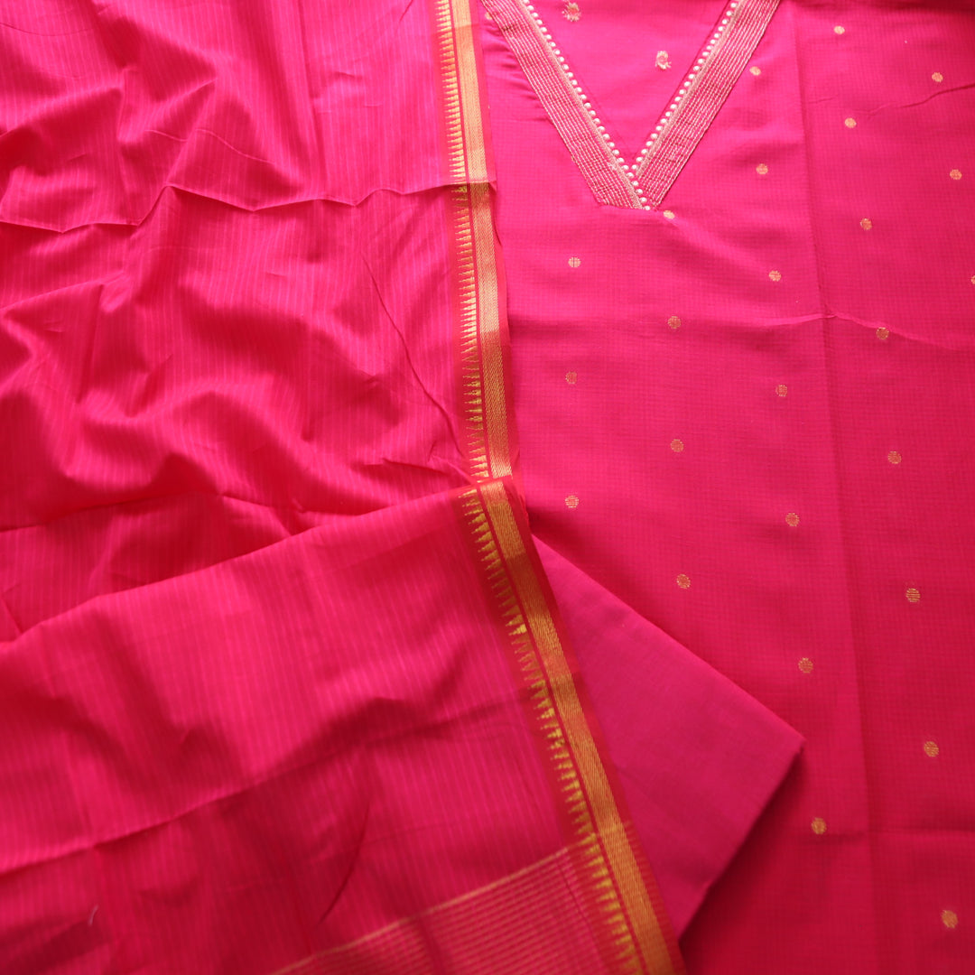 Saloni Rani Pink V Neck Zari Work in Dual Shade Weaved South Cotton Suit Set