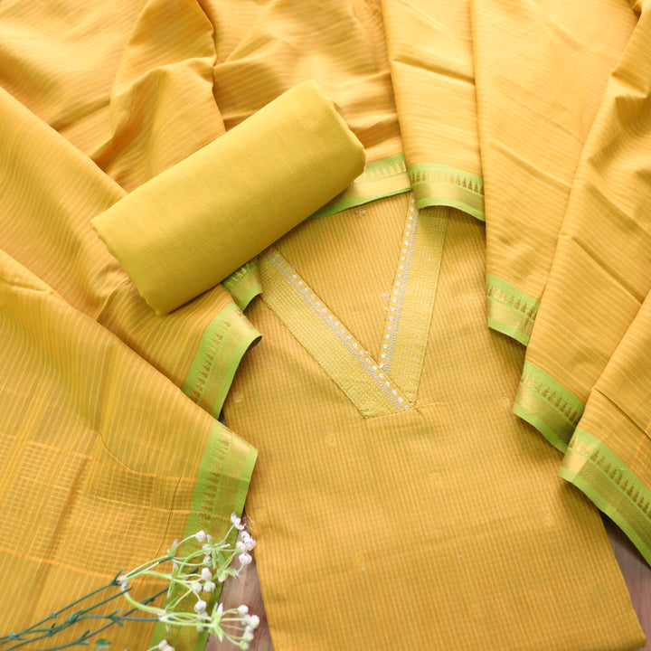 Saloni Turmeric Yellow V Neck Zari Work in Dual Shade Weaved South Cotton Suit Set