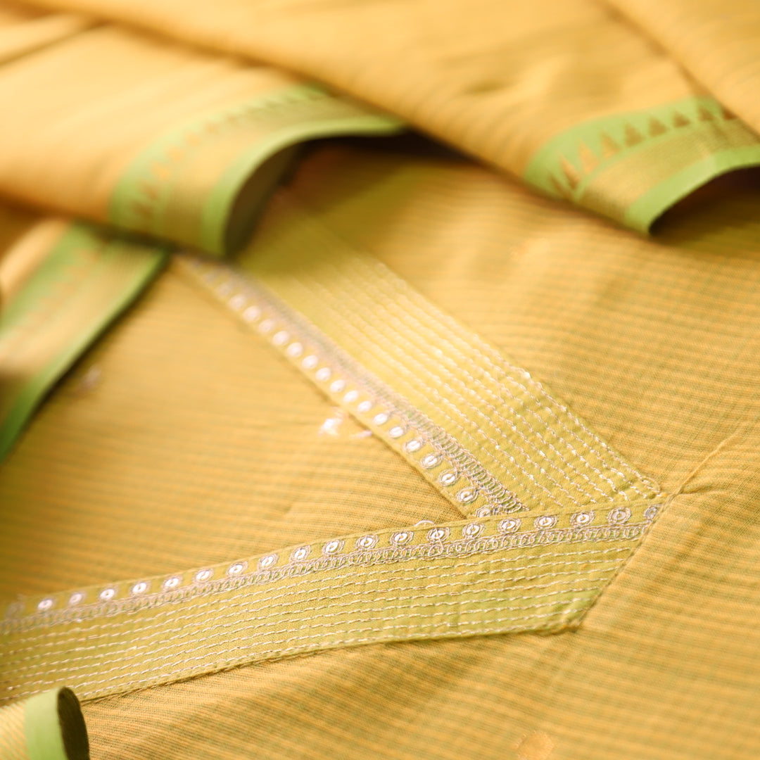 Saloni Turmeric Yellow V Neck Zari Work in Dual Shade Weaved South Cotton Suit Set