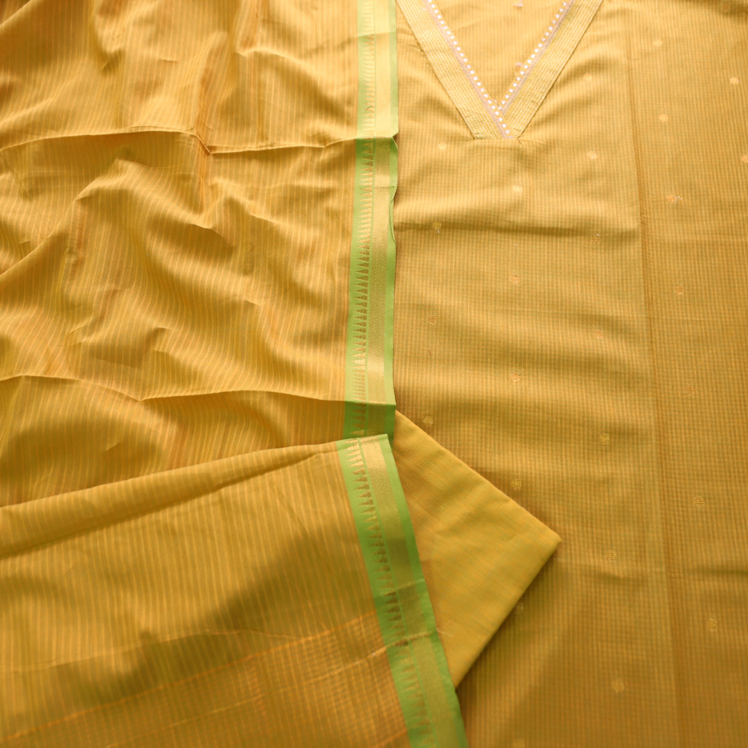 Saloni Turmeric Yellow V Neck Zari Work in Dual Shade Weaved South Cotton Suit Set