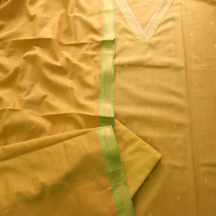 Saloni Turmeric Yellow V Neck Zari Work in Dual Shade Weaved South Cotton Suit Set
