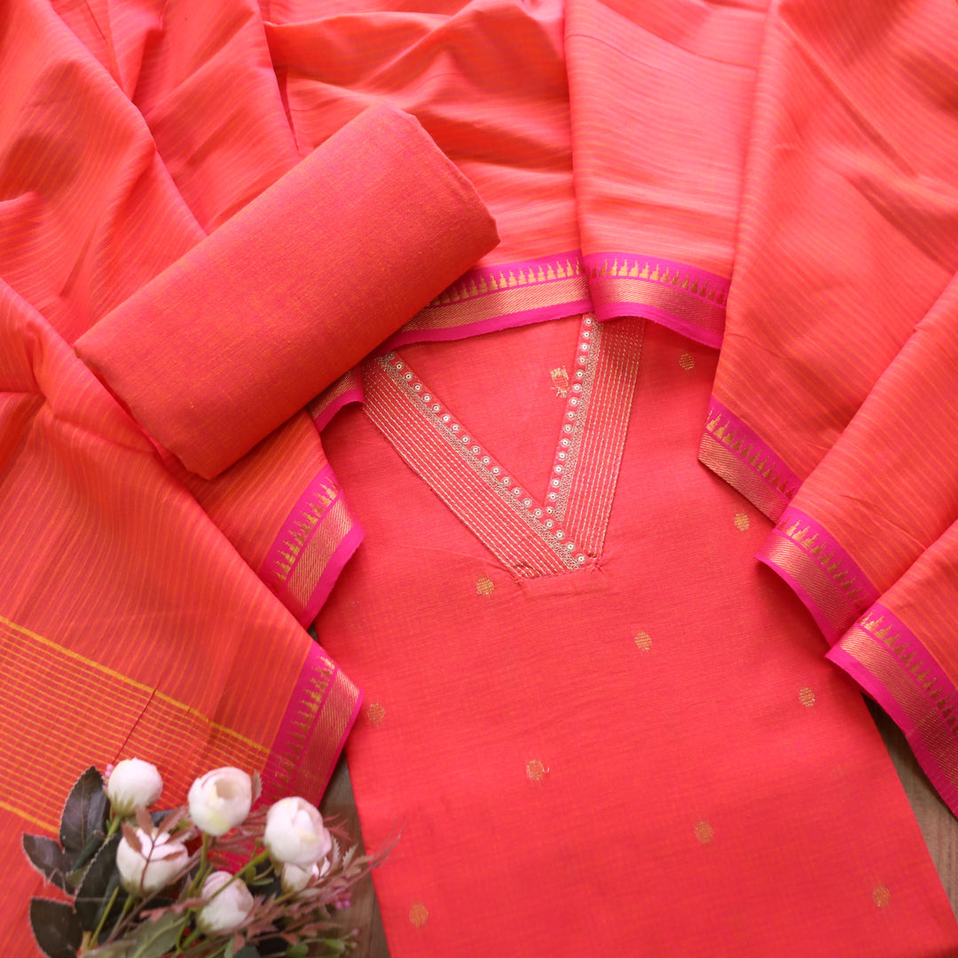 Saloni Tangerine Orange V Neck Zari Work in Dual Shade Weaved South Cotton Suit Set