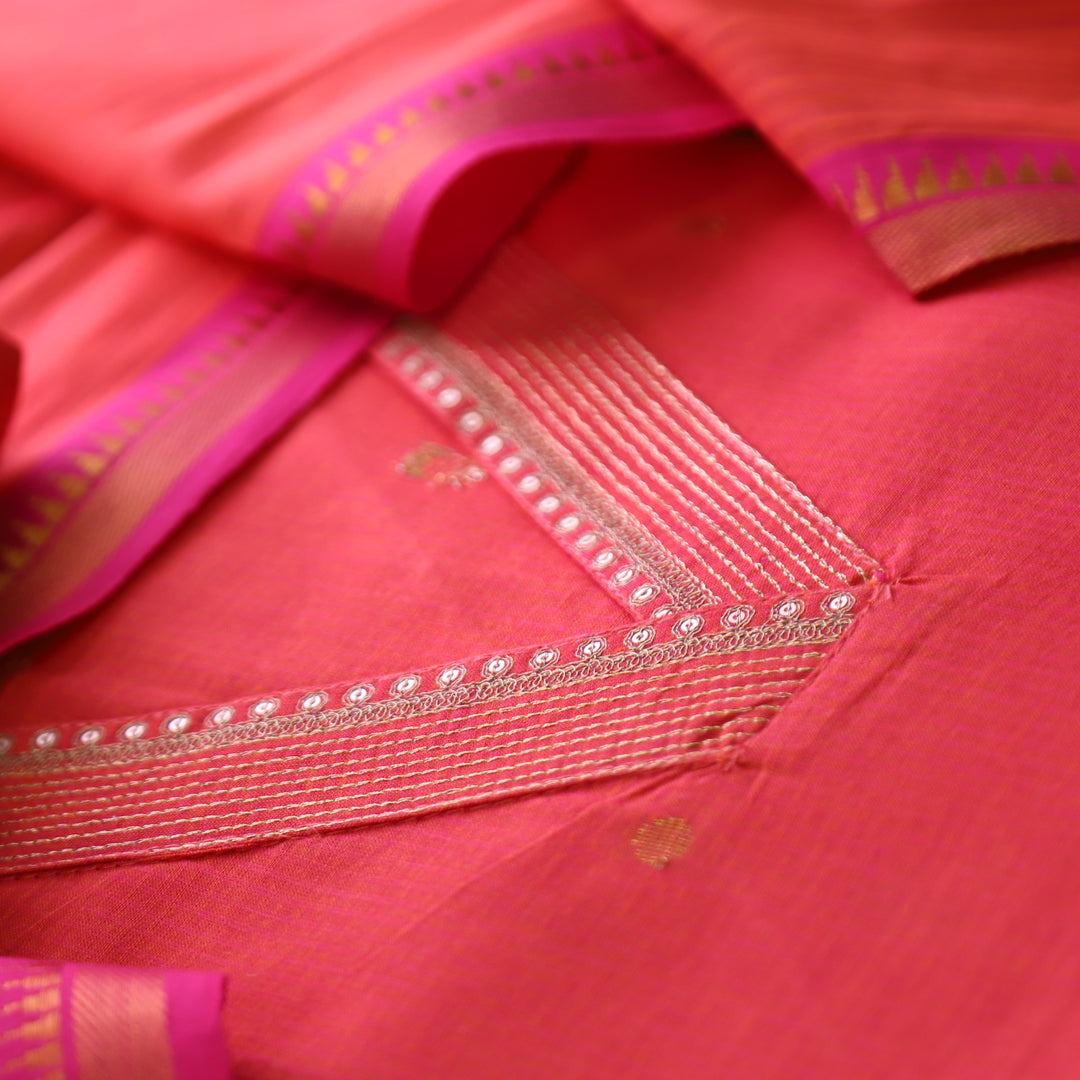 Saloni Tangerine Orange V Neck Zari Work in Dual Shade Weaved South Cotton Suit Set