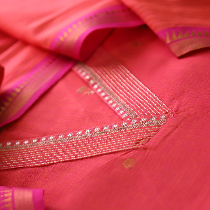 Saloni Tangerine Orange V Neck Zari Work in Dual Shade Weaved South Cotton Suit Set