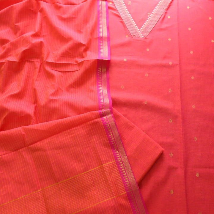 Saloni Tangerine Orange V Neck Zari Work in Dual Shade Weaved South Cotton Suit Set