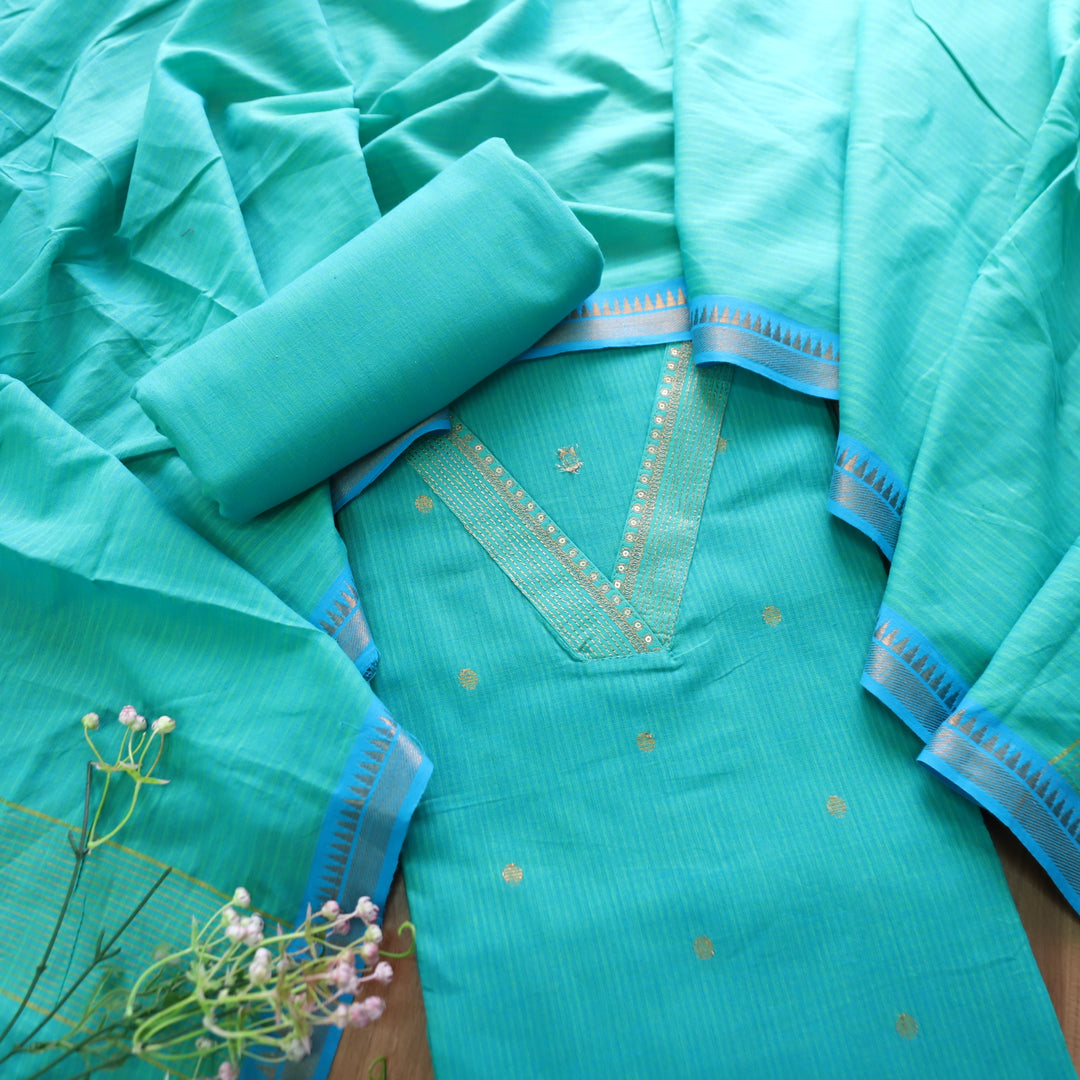 Saloni Aqua Blue V Neck Zari Work in Dual Shade Weaved South Cotton Suit Set