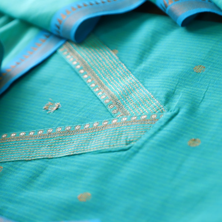 Saloni Aqua Blue V Neck Zari Work in Dual Shade Weaved South Cotton Suit Set