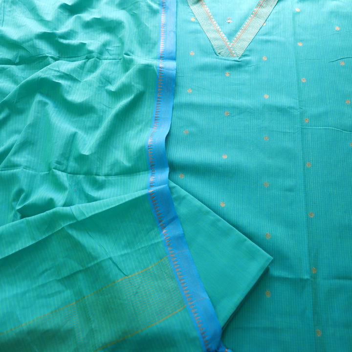 Saloni Aqua Blue V Neck Zari Work in Dual Shade Weaved South Cotton Suit Set