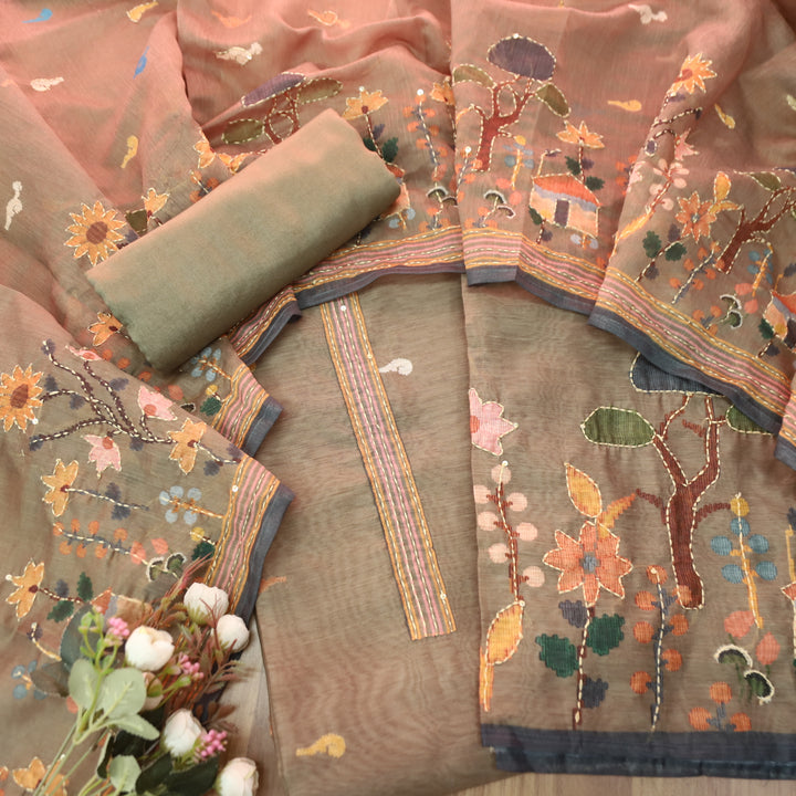 Maya Coffee Taupe Digital Printed Kantha Embroidery Hem Chanderi Suit Set