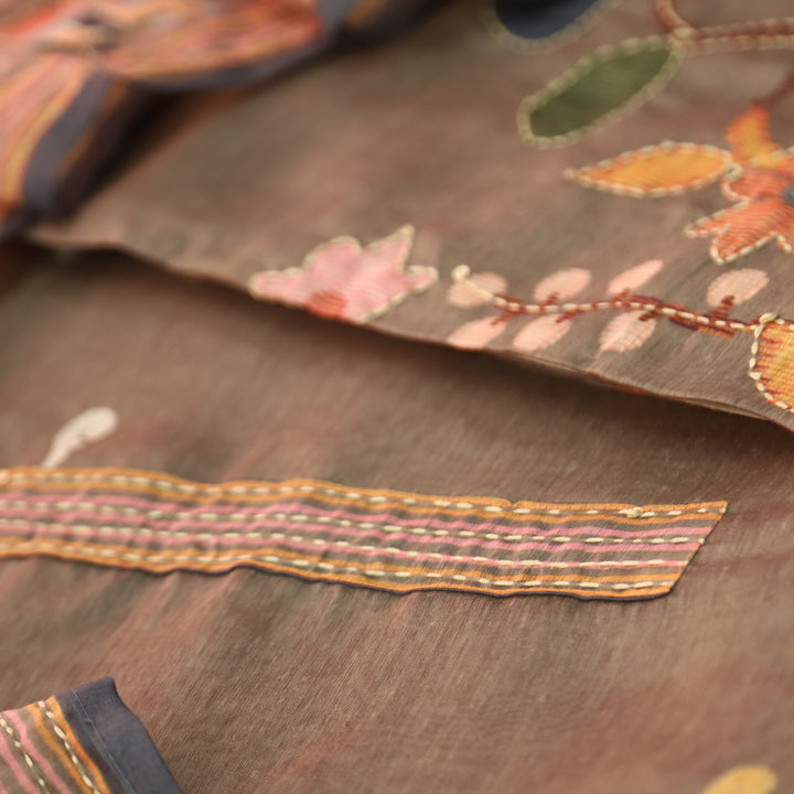 Maya Coffee Taupe Digital Printed Kantha Embroidery Hem Chanderi Suit Set