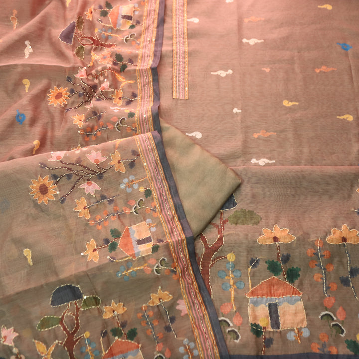 Maya Coffee Taupe Digital Printed Kantha Embroidery Hem Chanderi Suit Set