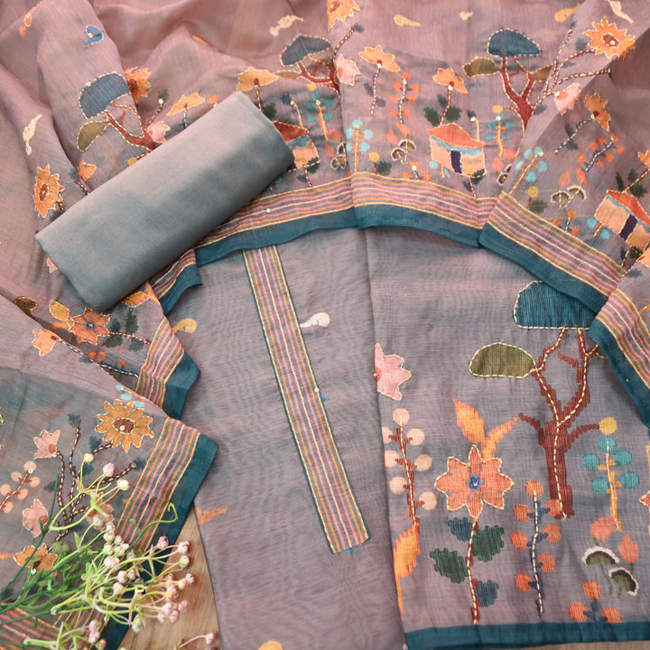Maya Amber Grey Digital Printed Kantha Embroidery Hem Chanderi Suit Set