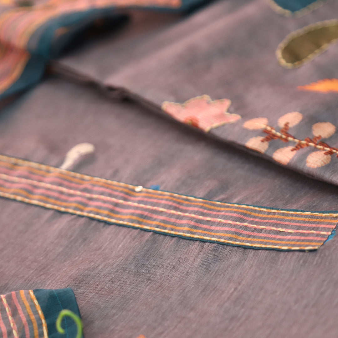 Maya Amber Grey Digital Printed Kantha Embroidery Hem Chanderi Suit Set