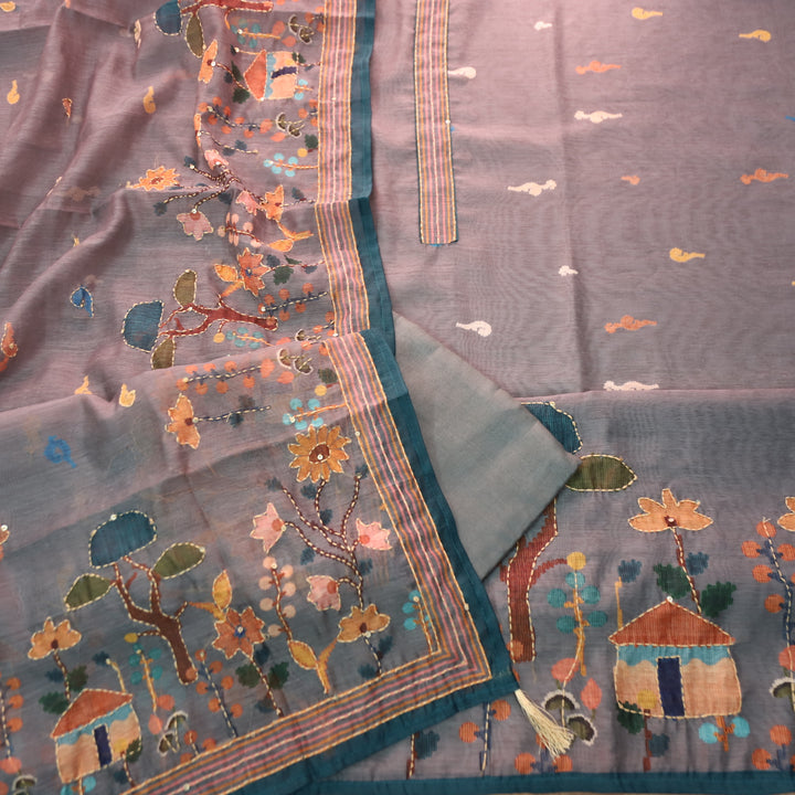 Maya Amber Grey Digital Printed Kantha Embroidery Hem Chanderi Suit Set