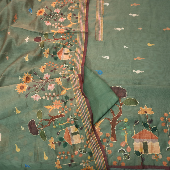 Maya Vintage Green Digital Printed Kantha Embroidery Hem Chanderi Suit Set