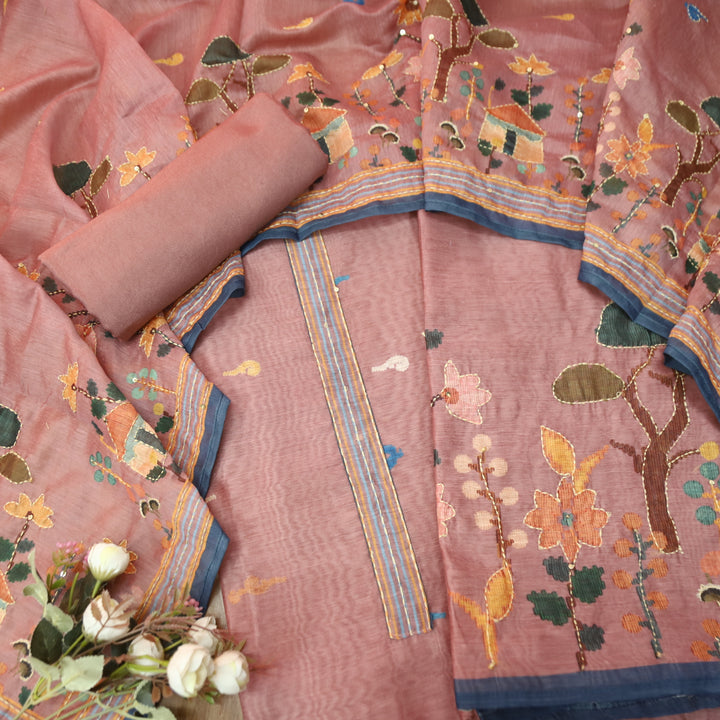 Maya Mauve Pink Digital Printed Kantha Embroidery Hem Chanderi Suit Set