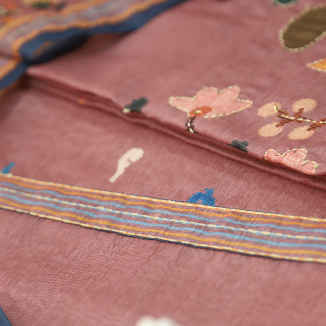 Maya Mauve Pink Digital Printed Kantha Embroidery Hem Chanderi Suit Set