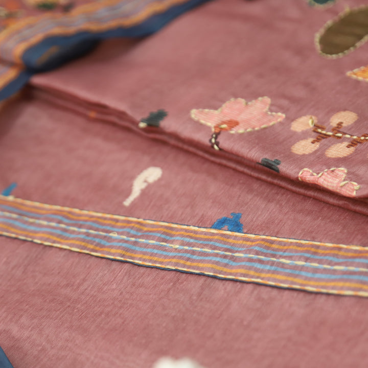 Maya Mauve Pink Digital Printed Kantha Embroidery Hem Chanderi Suit Set