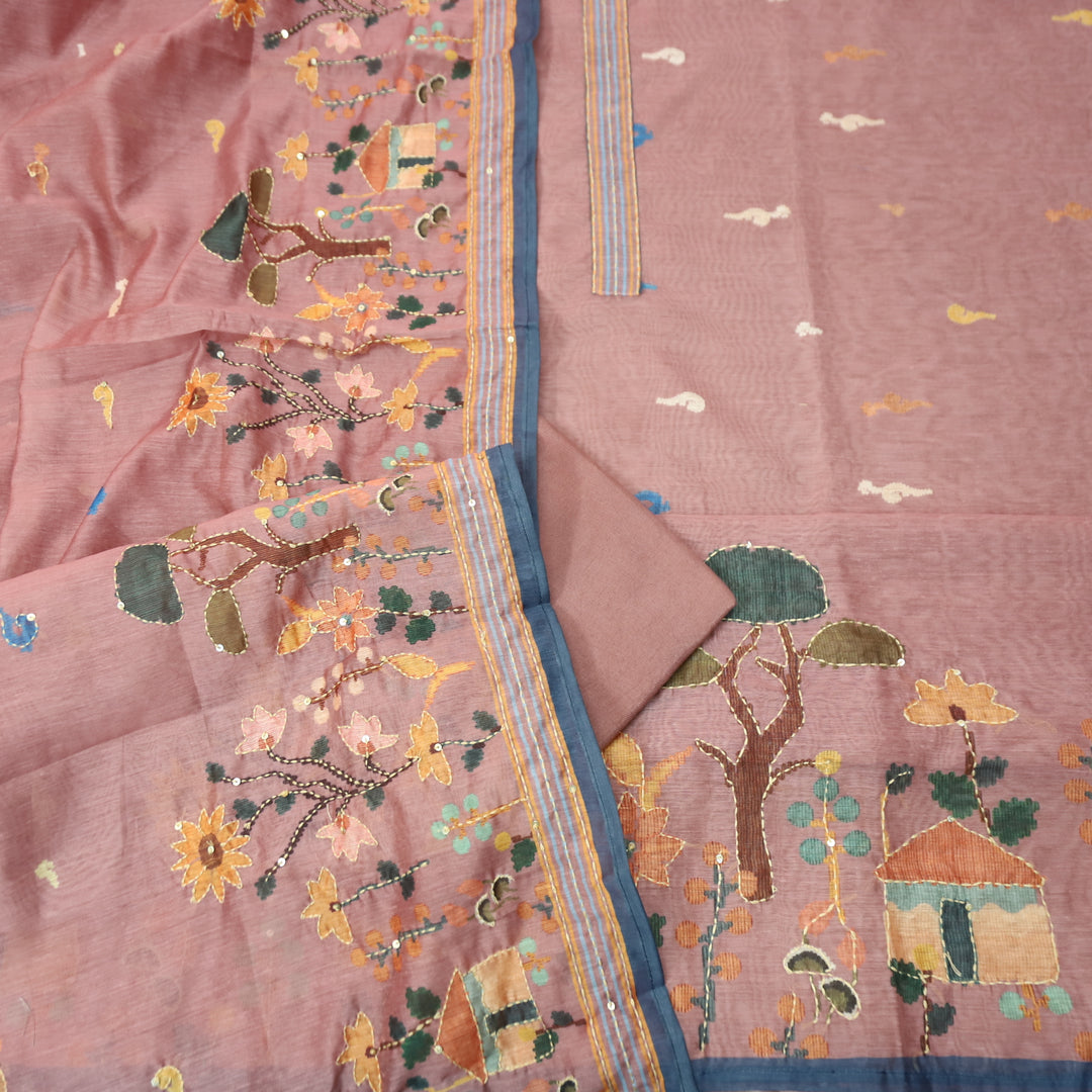 Maya Mauve Pink Digital Printed Kantha Embroidery Hem Chanderi Suit Set