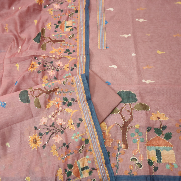 Maya Mauve Pink Digital Printed Kantha Embroidery Hem Chanderi Suit Set
