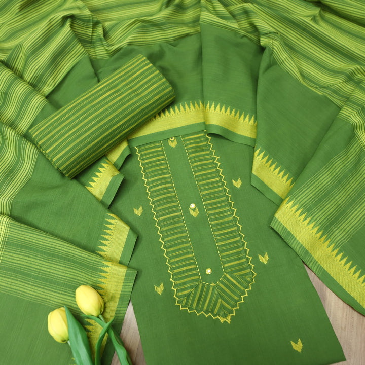 Vaishnavi Grass Green Patch with All Over Thread Weaved Buti Work South Cotton Set