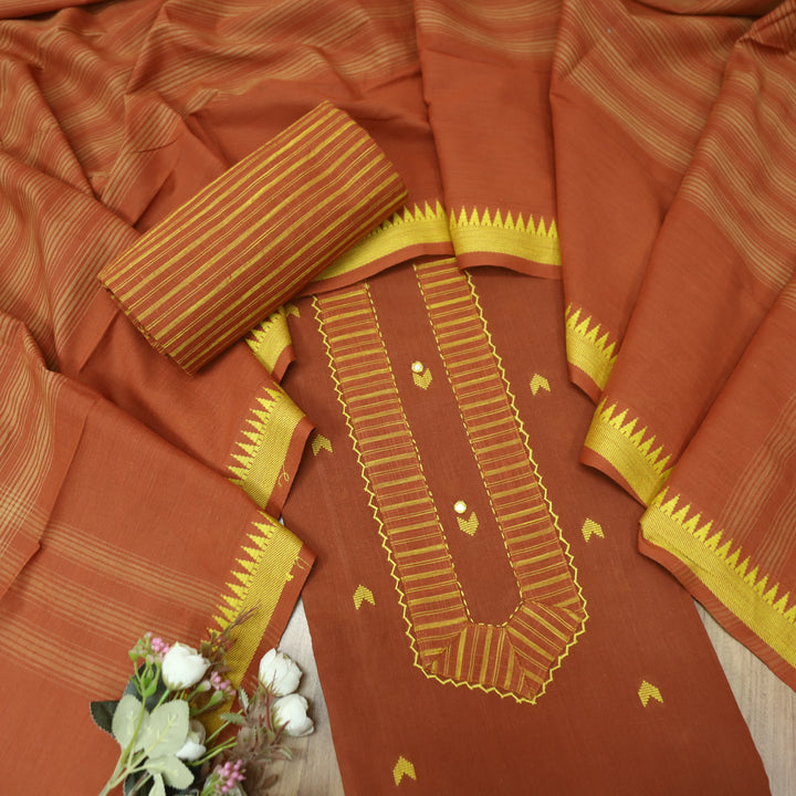 Vaishnavi Barn Rust Patch with All Over Thread Weaved Buti Work South Cotton Set