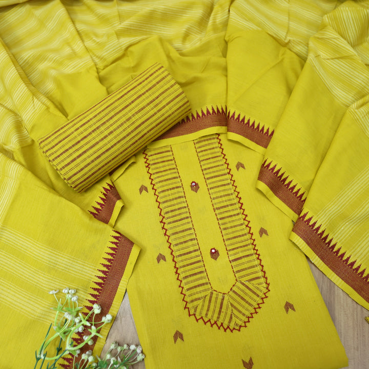 Vaishnavi Lemon Yellow Patch with All Over Thread Weaved Buti Work South Cotton Set