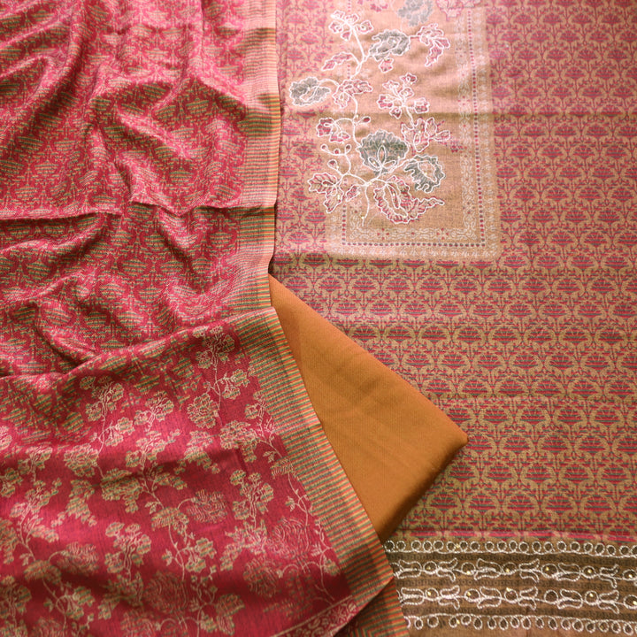 Rakhi Sand Beige Chain Style Zari Detailing Digital Printed Semi Pashmina WInter Set