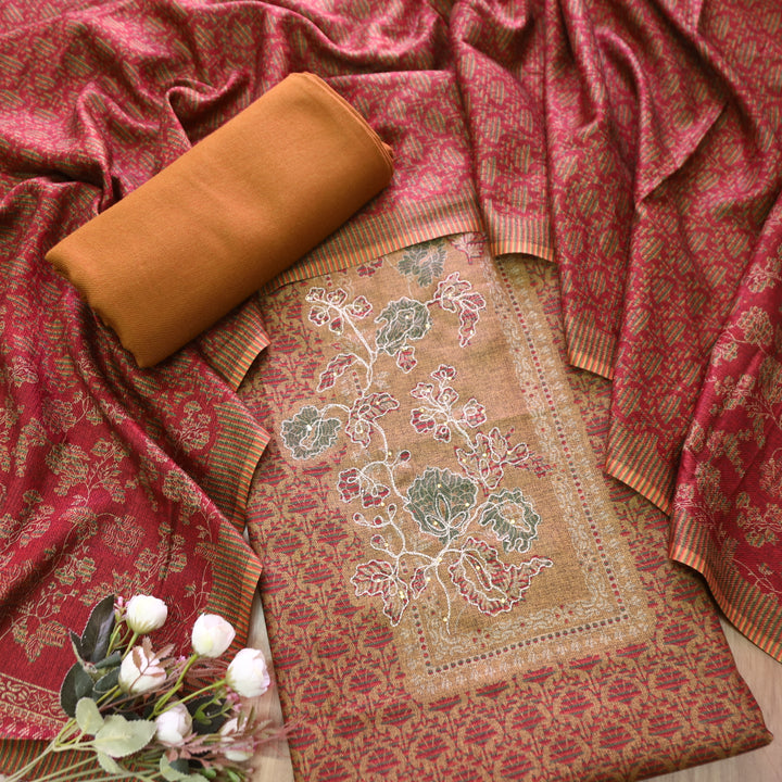 Rakhi Sand Beige Chain Style Zari Detailing Digital Printed Semi Pashmina WInter Set