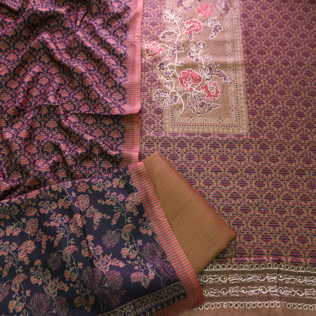Rakhi Dark Tan Beige Chain Style Zari Detailing Digital Printed Semi Pashmina WInter Set
