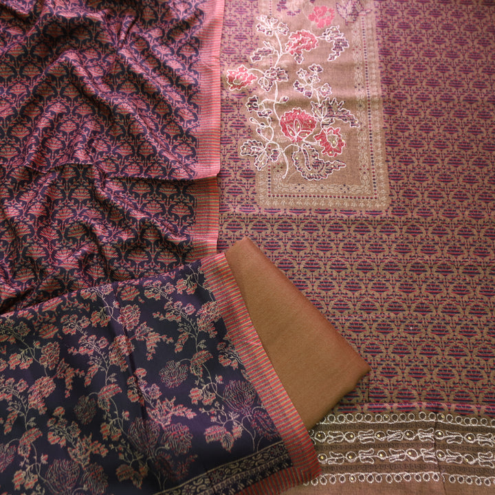 Rakhi Dark Tan Beige Chain Style Zari Detailing Digital Printed Semi Pashmina WInter Set