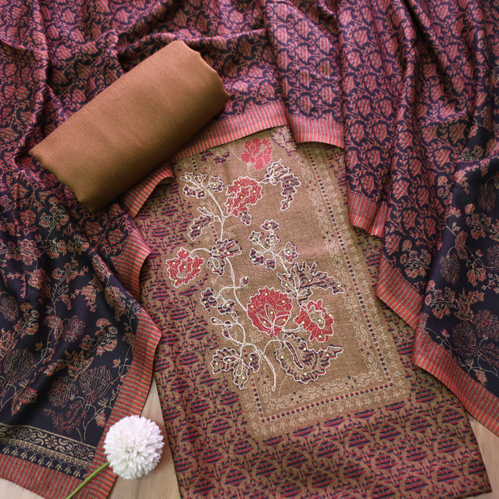 Rakhi Dark Tan Beige Chain Style Zari Detailing Digital Printed Semi Pashmina WInter Set