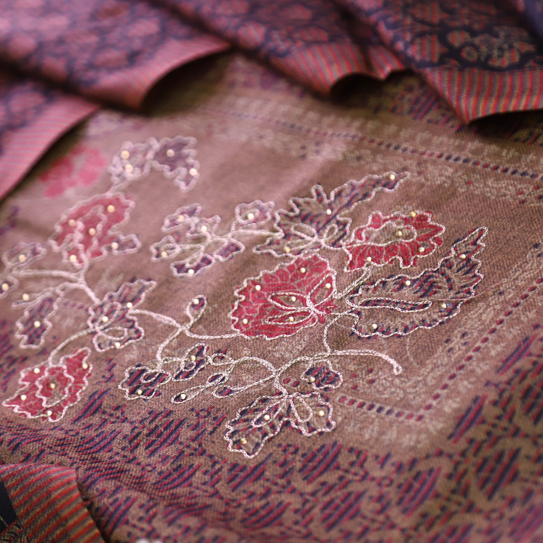 Rakhi Dark Tan Beige Chain Style Zari Detailing Digital Printed Semi Pashmina WInter Set