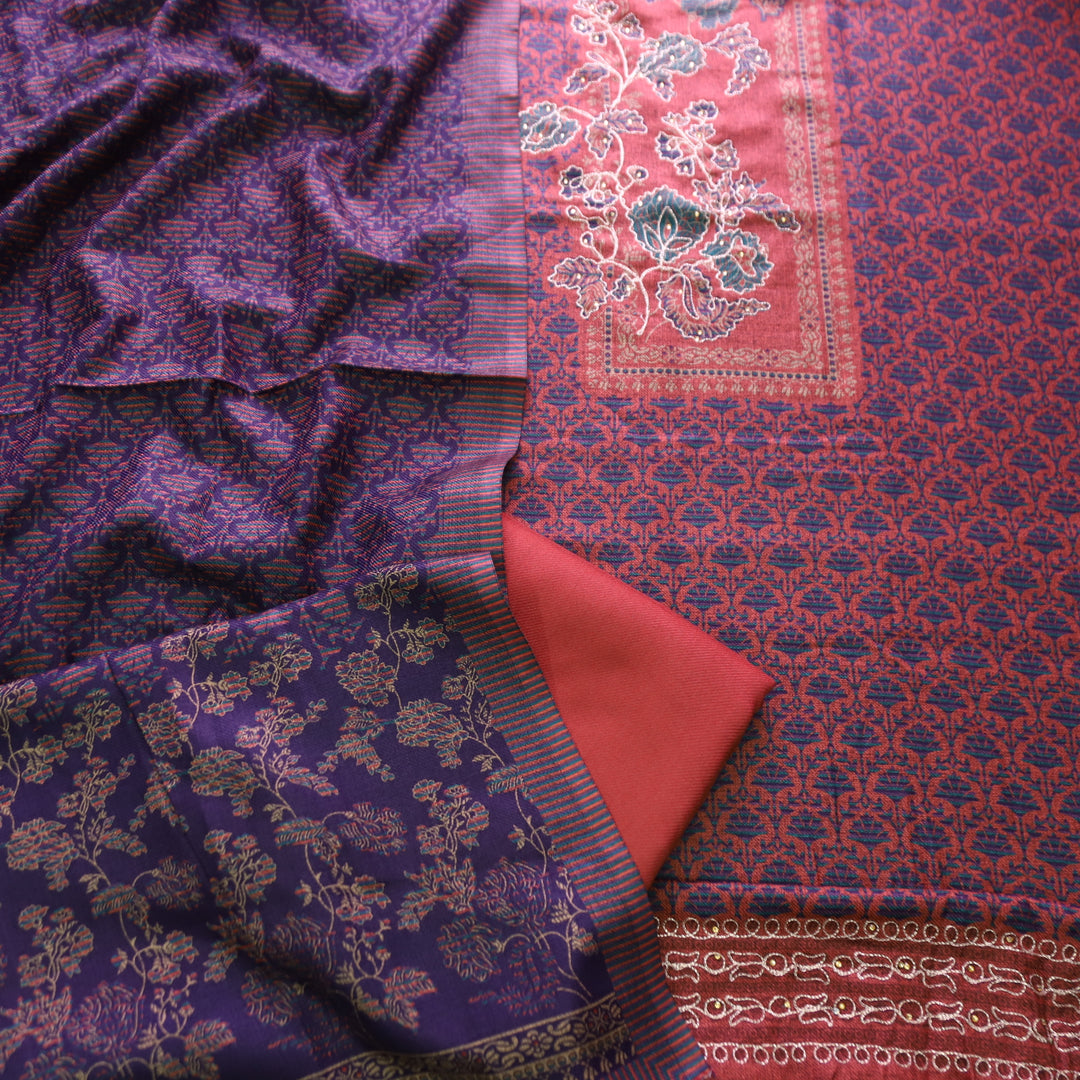 Rakhi Dark Rust Chain Style Zari Detailing Digital Printed Semi Pashmina WInter Set