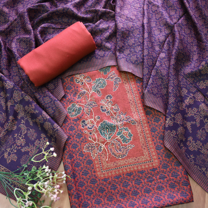 Rakhi Dark Rust Chain Style Zari Detailing Digital Printed Semi Pashmina WInter Set